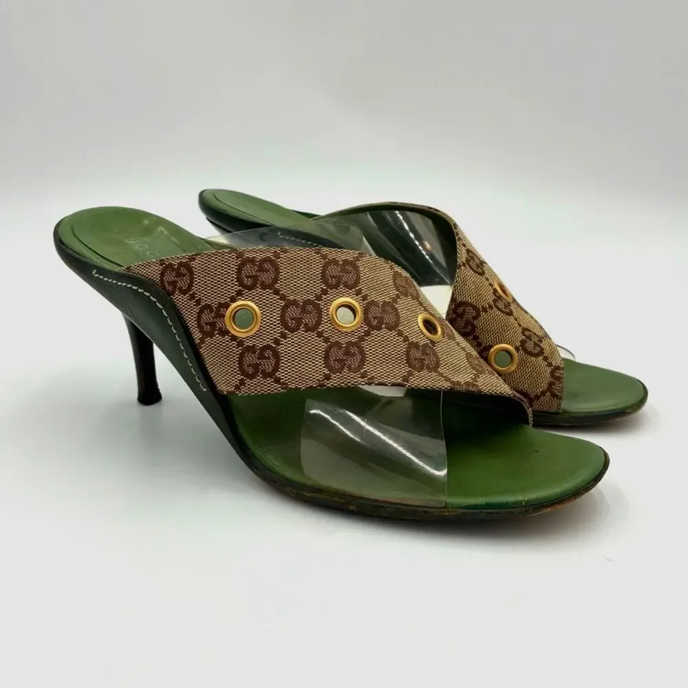 8.5 Vintage Gucci GG Monogram Canvas PVC Green & Brown Mules